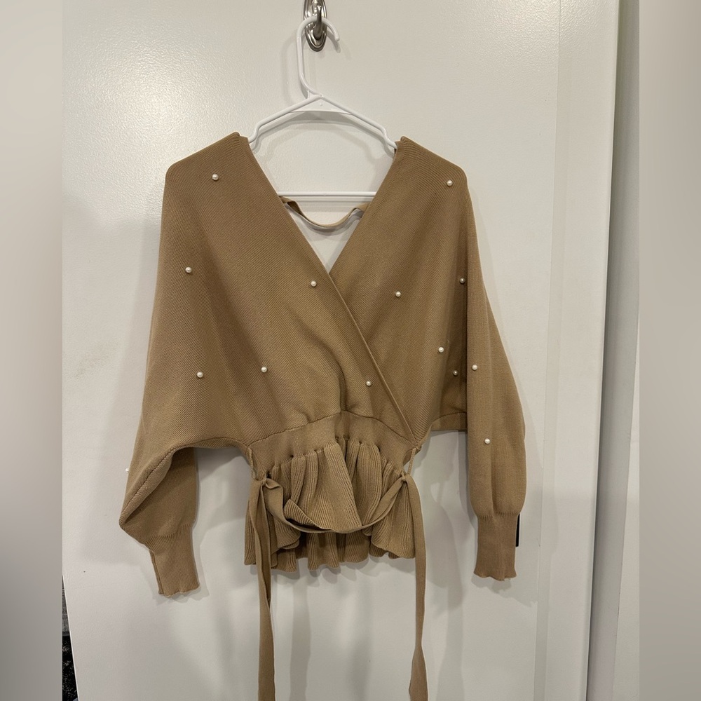 Elegant Tan Blouse with Pearl Accents